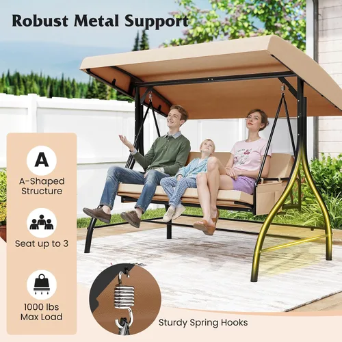 Vista 6 de Tangkula Columpio para porche para 3 personas, columpio convertible 2 en 1 para exteriores con toldo ajustable, cojines extraíbles, marco de metal
