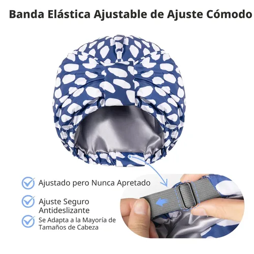 Vista 4 de Gorro de ducha de lujo para mujeres, reutilizable, impermeable, gorro de ducha de doble capa con correa elástica ajustable, gorro de baño grande
