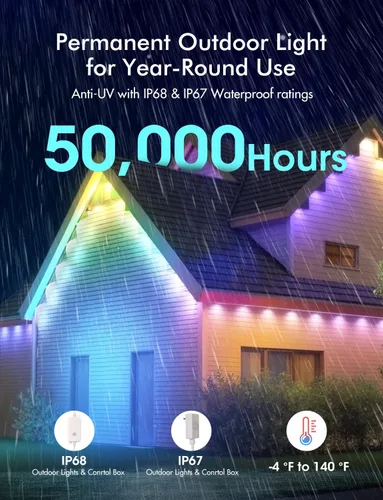 Vista 3 de Smart RGBIC - Luces permanentes para exteriores, 124 pies (72 LED), IP68, impermeables, luces de Navidad que cambian de color con 51 modos festivos