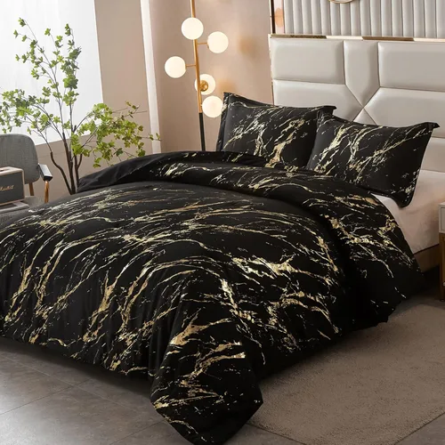 Vista 2 de WONGS BEDDING Juego de edredón de mármol metálico negro dorado Queen con estampado de lámina brillante y purpurina, juegos de ropa de cama con 2