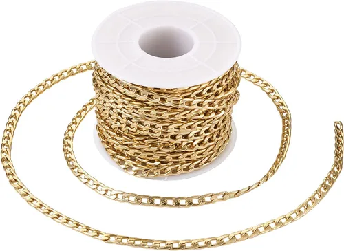 Vista 25 de FASHEWELRY Cadena de eslabones de aluminio de 16.4 pies sin soldar, rollo de cadenas de eslabones dorados con carrete para hacer collares, joyas