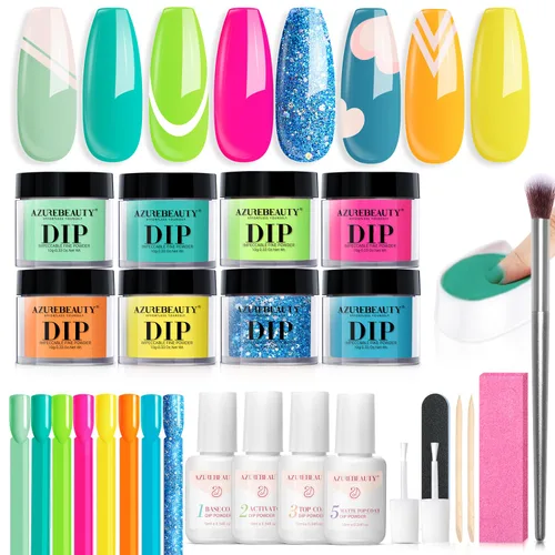 Vista 14 de AZUREBEAUTY Kit de uñas en polvo de inmersión, gelatina translúcida blanca lechosa, rosa desnudo, neutro, claro, 8 colores, juego de polvo