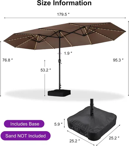 Vista 65 de PURPLE LEAF - Sombrilla de mercado de patio de 13 pies con base rectangular doble cara, sombrilla de mesa para exteriores con manivela, 12 varillas