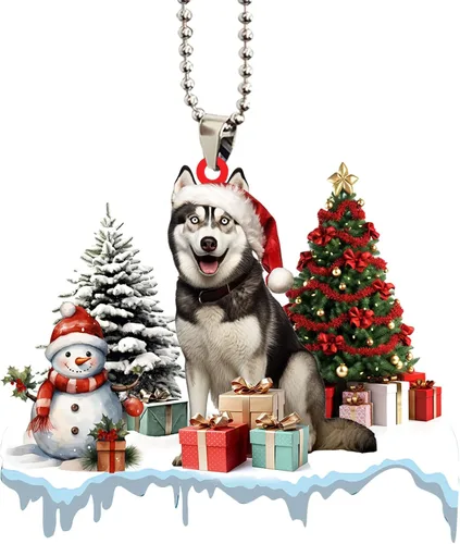 Vista 7 de Talataca Adorno de Navidad Plano 2D de Husky, Cajas de Regalo de Husky, Decoración de Árbol de Pino, Adorno Colgante de Casa para la Víspera