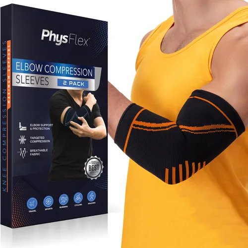 Vista 9 de PhysFlex - Paquete de 2 coderas de codo para alivio del dolor de codo de tenista y golfista - Manga de compresión de codo para levantamiento
