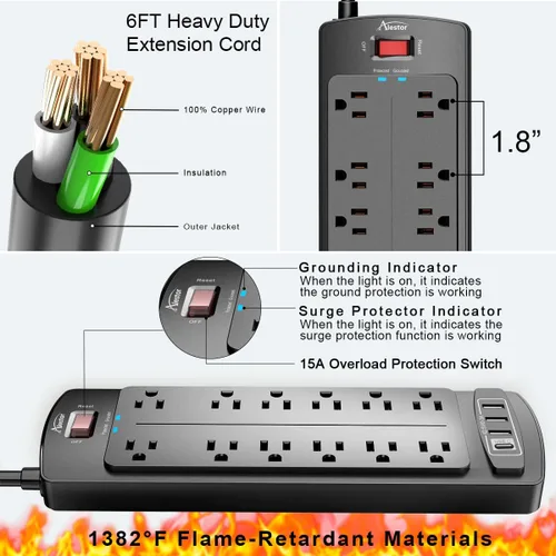 Vista 5 de ALESTOR - Regleta de enchufes con protector contra sobretensiones, 12 tomas de corriente y 4 puertos USB, cable de extensión de 6 pies