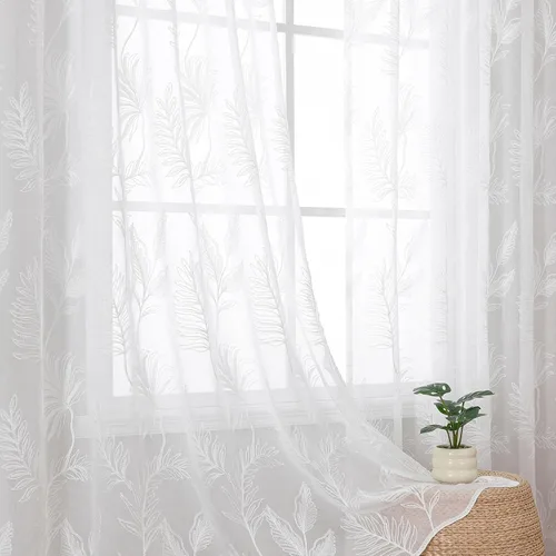 Vista 30 de VISIONTEX 2 paneles de cortinas traslúcidas de 63 in de largo, cortinas de gasa semitransparentes bordadas con hojas florales beige, bolsillo