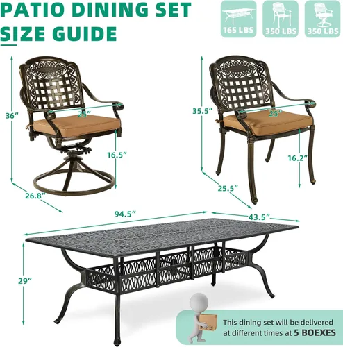 Vista 7 de VIVIJASON Juego de comedor al aire libre de 9 piezas, juego de mesa y sillas de patio de aluminio fundido para 8, incluye mesa rectangular de 94.5