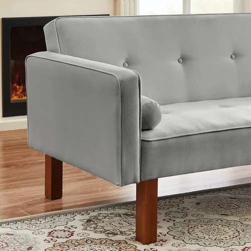 Vista 7 de Sofá cama de tela moderna, sofá cama convertible con 2 almohadas y reposabrazos, sofá reclinable plegable de 75 pulgadas con patas de madera maciza