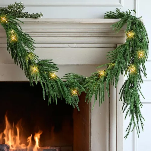 Vista 8 de TW SHINE Guirnalda de Navidad preiluminada de 9 pies con luces, 50 guirnaldas de pino Norfolk artificiales iluminadas LED, decoraciones de Navidad