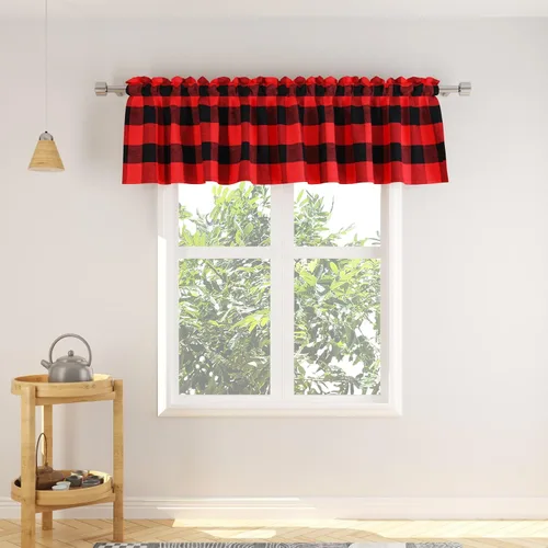 Vista 62 de Cenefas de cortina para ventana de 16 pulgadas de largo, 2 paneles de cuadros búfalo, cortinas pequeñas con bolsillo para barra, estilo clásico