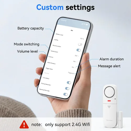 Vista 4 de TECKNET Alarmas de puerta cuando se abre, alarma con sensor de puerta inteligente WiFi de 2.4 G y timbre, alertas de aplicación, alarmas de puerta