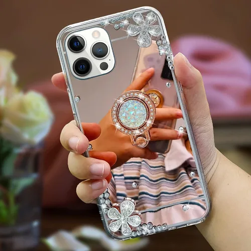 Vista 4 de Compatible con iPhone 13 - Funda con espejo de maquillaje para mujeres y niñas, funda de lujo con diamantes de imitación brillantes con anillo