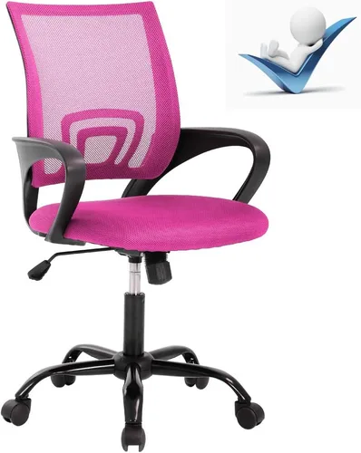 Vista 9 de Silla de oficina ergonómica de malla con respaldo medio, soporte lumbar, ajustable, giratoria, enrollable, silla de escritorio rosa con brazos