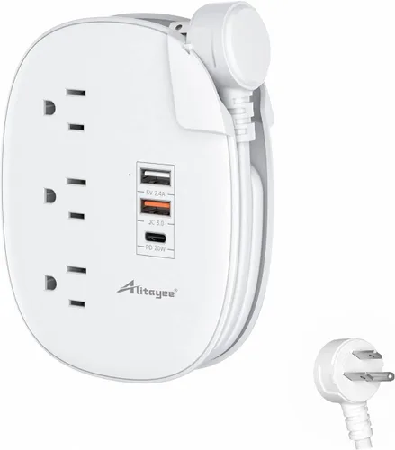 Vista 9 de Alitayee Regleta de alimentación de viaje portátil USB C con 3 tomas, 3 puertos USB, carga rápida, extensor de salida USB extensible con enchufe