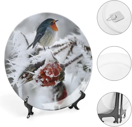 Vista 4 de Bird Robin Snow Hoarfrost - Plato decorativo para colgar decoración del hogar, decoración del hogar, recuerdo, arte de pared, platos de cerámica