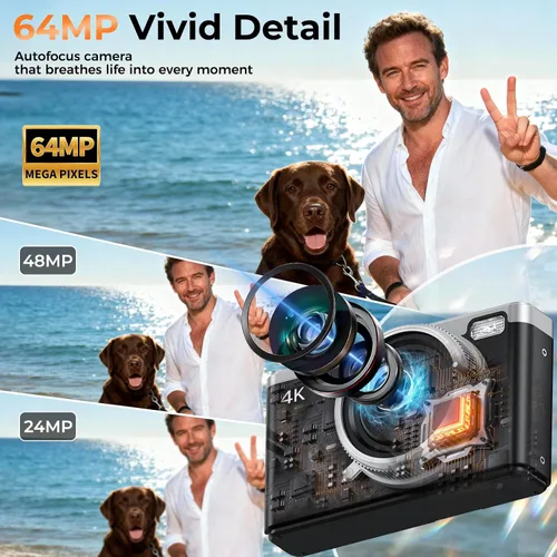 Vista 5 de MaxMango Cámara digital, cámara de vlogging de 64 MP y 2.4 pulgadas para principiantes, pantalla abatible de 180°, apunta y dispara, cámaras