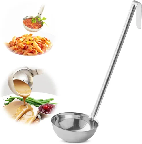 Vista 13 de Cucharón – Cucharón de acero inoxidable duradero para servir salsa de aderezo de sopa, salsa resistente y confiable mango largo para cocina