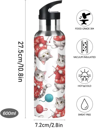 Vista 9 de Stainless Steel Water Bottle 32 Oz, Leakproof Water Bottles for Gym Outdoor Travel School, Gray White Cats Red Floral