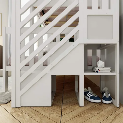 Vista 8 de Max & Lily Litera, marco de cama individual sobre matrimonial para niños con escaleras, color blanco