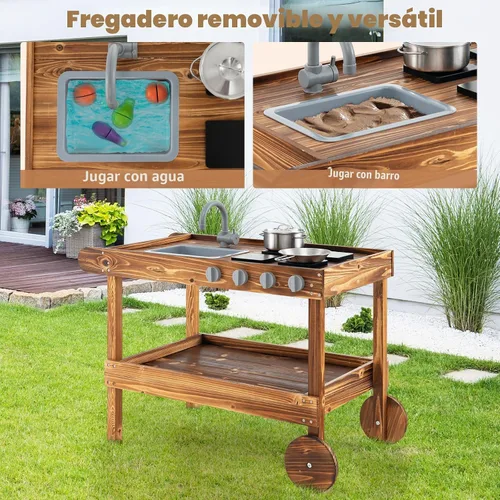 Vista 4 de Costzon Cocina de barro, cocina de juego al aire libre con fregadero, grifo, estufas y accesorios de cocina, estante de almacenamiento, carrito