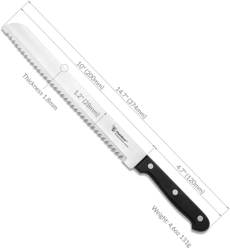 Vista 2 de Cuchillo de pan dentado de 10 pulgadas, hoja de acero inoxidable de alta calidad con borde ondulado, mango de espiga completa, cuchillo afilado