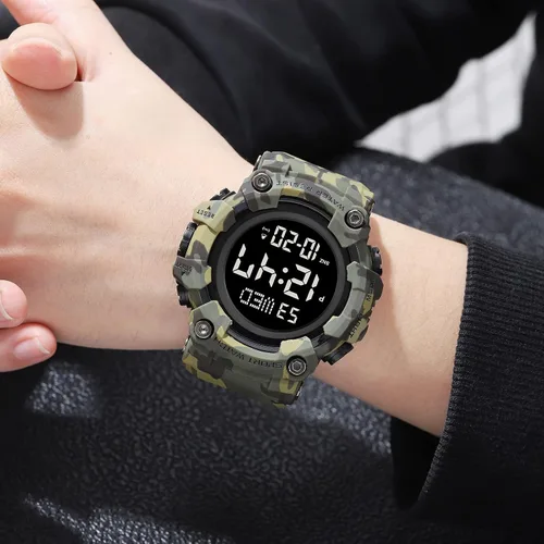Vista 4 de Fanmis Reloj digital digital multifunción para hombre, electrónico, impermeable, con alarma, reloj deportivo de cuarzo, Azul Patchwork