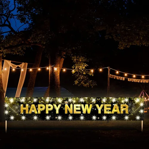 Vista 4 de Letrero grande de feliz año nuevo con luces LED para decoraciones de Navidad, cartel negro y dorado de 118 x 19.6 pulgadas con clips transparentes