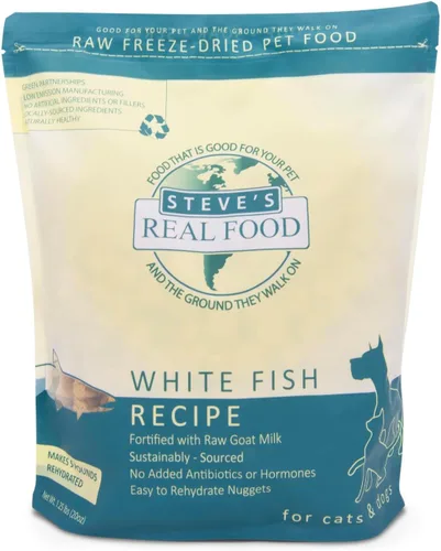 Vista 3 de Steve's Real Food Dieta de alimentos crudos liofilizados para perros y gatos, receta de pescado blanco, 1.25 libras en cada bolsa, fabricada