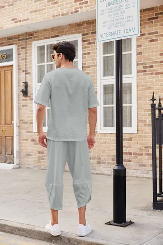 Vista 6 de COOFANDY Conjunto de 2 piezas de lino para hombre, camisa Henley de manga corta y pantalones capri harén, pierna ancha, holgados, pantalones de yoga