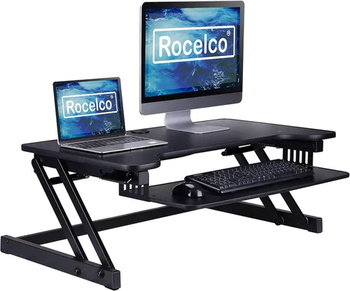Vista 13 de Rocelco - Convertidor de escritorio para trabajar de pie con altura ajustable de 32 pulgadas - Bandeja retráctil deslizable - Elevador de monitor