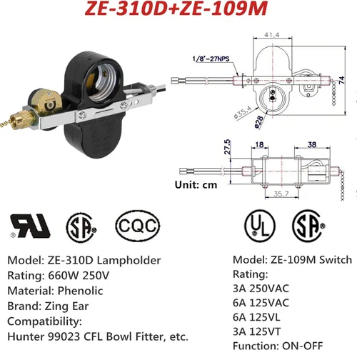 Vista 2 de Interruptor de ventilador de techo ZE-310D Interruptor de cadena de zócalo de luz, compatible con ventilador Hunter, luz de lámpara de ventilador