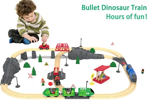 Vista 6 de Juego de tren de juguete para pistas de madera, tren a pilas para niños pequeños, tren motorizado con tren de dinosaurio para niños, juguete de tren