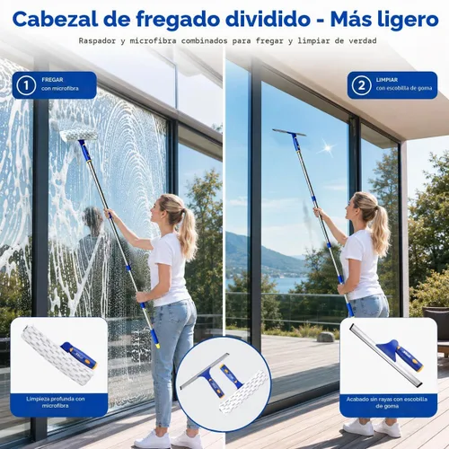 Vista 2 de Kit de limpieza de escobilla de ventana con poste de extensión de 60 pulgadas y cabezal giratorio 2 x 11" Microfiber Pads & 12" Rubber Blade Glass