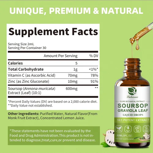 Vista 6 de Extracto de hojas de guanábana pura Lukaree, gotas líquidas de amargos de graviola concentradas 10X para inmunidad, digestión y energía, extraídas