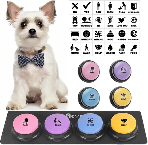 Vista 12 de 4 piezas de conjunto de botones parlantes para perros, botones para perros para comunicación, botón de zumbador de voz grabable de 30s