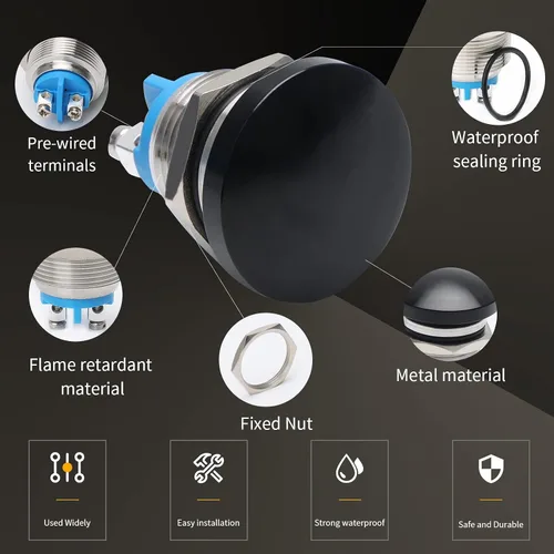 Vista 5 de STARELO Interruptor momentáneo de botón de presión de 16 mm con cabeza de hongo, metal de acero inoxidable IP65 impermeable 2Pin SPST 1NO 5A 250V AC