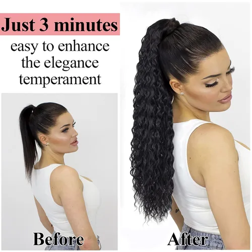 Vista 5 de Extensiones de pelo de cola de caballo negro rizado con cordón de extensión de pelo humano con sensación larga de 24 pulgadas con clip, extensiones
