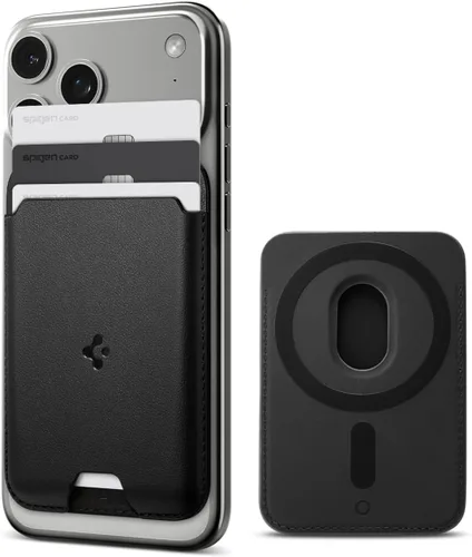 Vista 17 de Spigen para Billetera MagSafe, Sostiene 2 Tarjetas, MagFit Compatible con Modelos iPhone 17/16/15/14/13/12, Serie Pixel 10, Fundas MagSafe Pu Negro