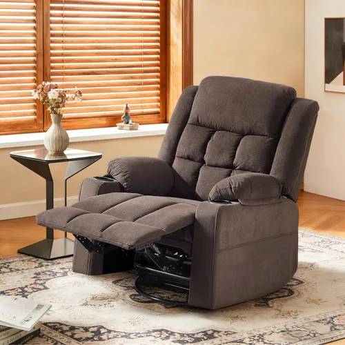 Vista 7 de Silla reclinable giratoria con masaje y calefacción, portavasos, sillón reclinable deslizante para adultos, tela suave, sala de estar, silla