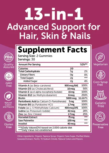 Vista 5 de Lunakai USA Made Super Hair Gummies con biotina, zinc, extracto de cola de caballo y palma enana americana – Vitaminas para el crecimiento