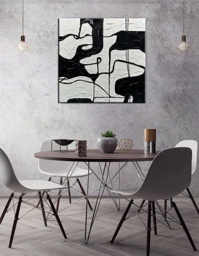 Vista 4 de YaSheng Art - Lienzo decorativo para pared en blanco y negro, pintado a mano con textura gruesa 3D, arte abstracto, pintura al óleo para sala