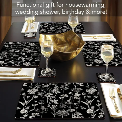 Vista 2 de Manteles Individuales Decorativos Premium de Tablero Duro para Mesa Jardín de Medianoche Negro y Blanco Paquete de 4 Fabricado en los Estados Unidos