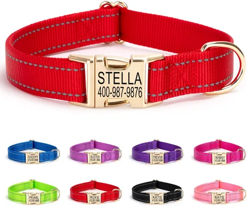 Vista 23 de Collar personalizado para perro con etiqueta de nombre, collar de nailon reflectante para mascotas, collares de perro con hebilla dorada grabada