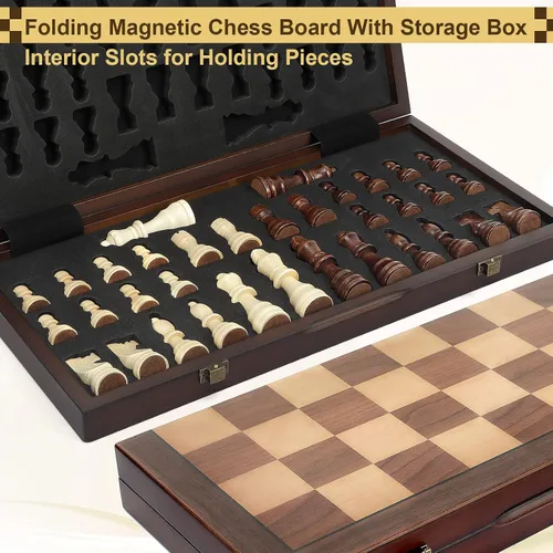 Vista 8 de Juego de ajedrez de madera magnética para adultos y niños, tablero de ajedrez de 12" con piezas hechas a mano, juego de ajedrez plegable y portátil