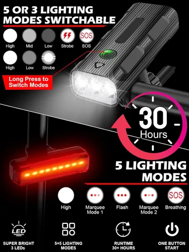 Vista 3 de Luces de bicicleta delanteras y traseras, juego de luces LED recargables para bicicleta de noche, 5+5 modos de iluminación, IPX5 impermeable, USB