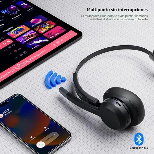 Vista 4 de LEVN Auriculares para Camionero, Auriculares Bluetooth para Camionero con Micrófono de Cancelación de Ruido y Botón de Silencio, Auriculares