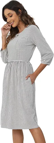 Vista 3 de Merokeety Vestido tipo camiseta, para mujer, diseño a rayas con manga globo 34, cintura alta, largo por debajo de la rodilla y bolsillos