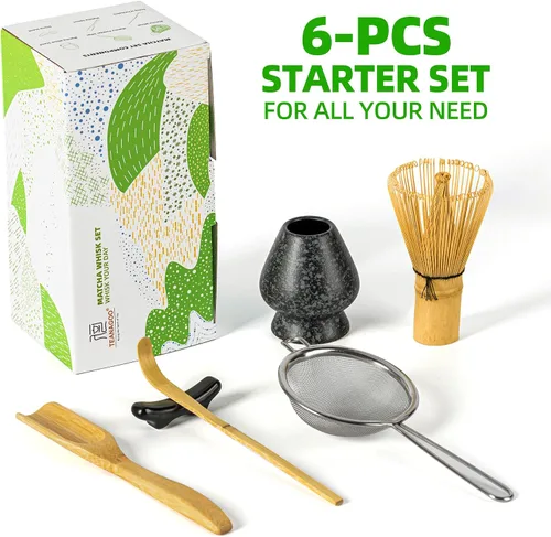 Vista 6 de TEANAGOO Set de Batidor de Matcha, Batidor de Bambú Matcha (100 puntas) con Soporte Negro, Set de Inicio Tradicional de 6 Piezas, Cuchara