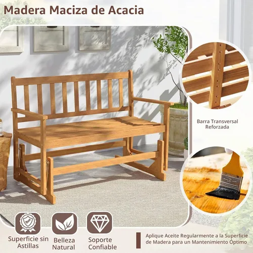 Vista 5 de Tangkula Banco planeador de madera de acacia para 2 personas, resistente 800 libras, sofá biplaza mecedora para patio con asiento y respaldo